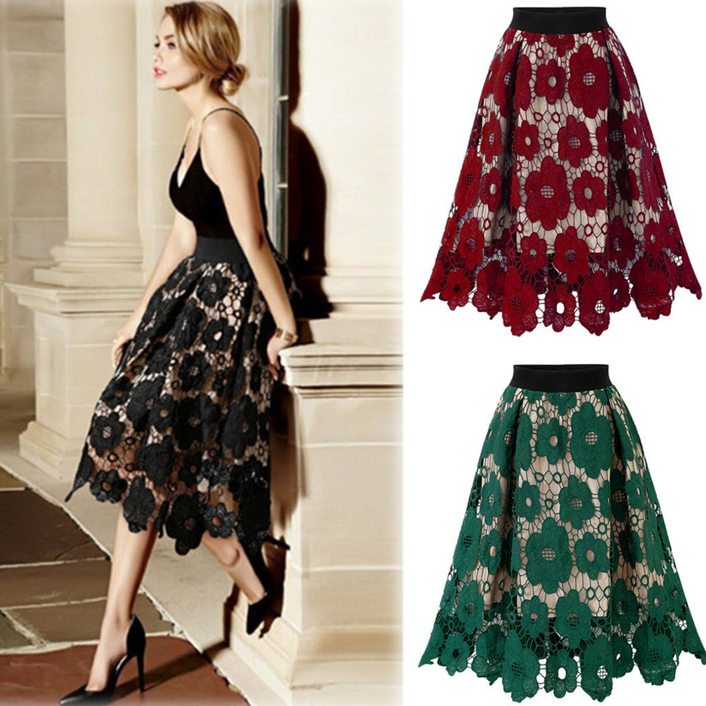 Women's A-line midi skirt made of floral lace appliqué with curved hem Mune Fashion