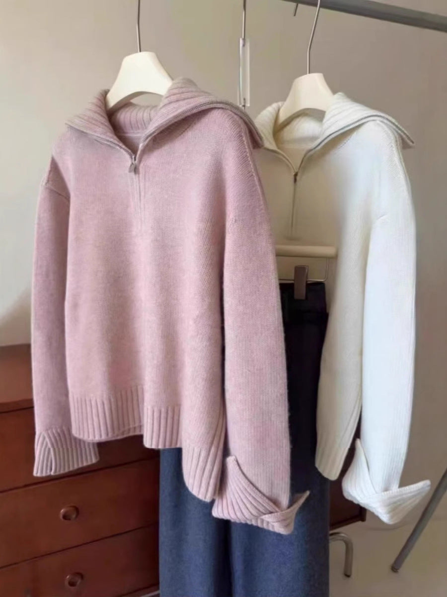 Women's Oversized Fine Knit Sweater with Half Zipper and Wide Turtleneck Mune Fashion