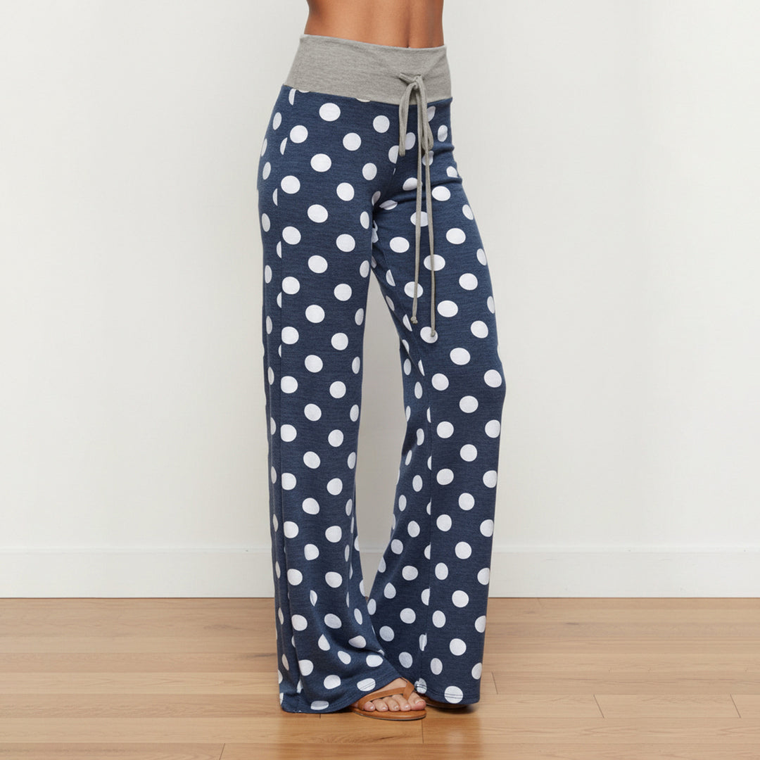 Women's flared Palazzo lounge pants with high comfort waistband, drawstring, and dotted pattern Mune Fashion