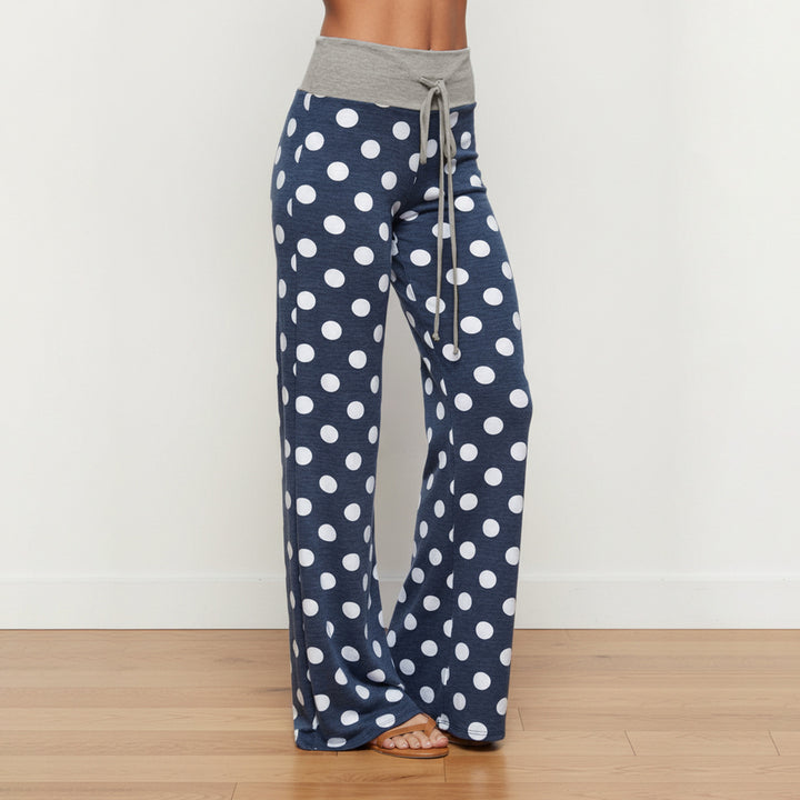 Women's flared Palazzo lounge pants with high comfort waistband, drawstring, and dotted pattern Mune Fashion