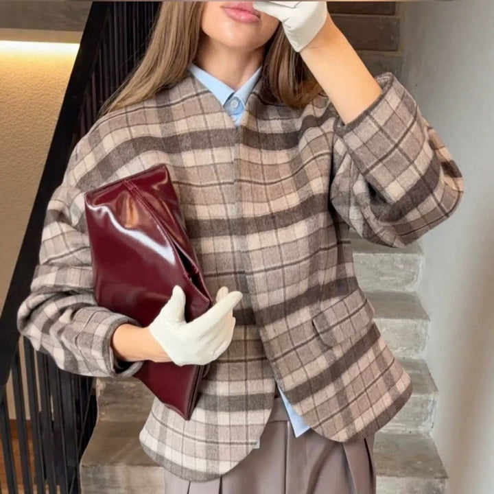 Women's Checked Boxy Blazer with Voluminous Balloon Sleeves Mune Fashion