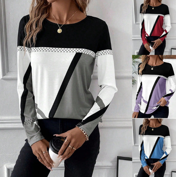 Women's Long Sleeve Shirt with Graphic Colorblock Design and Round Neck Mune Fashion
