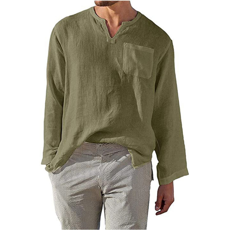 Men's Linen Long Sleeve Shirt with Henley Neckline and Chest Pocket Mune