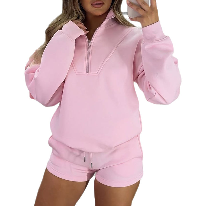 Women's casual sweatshirt set with half zipper, kangaroo pocket, and high-waist shorts Mune Fashion
