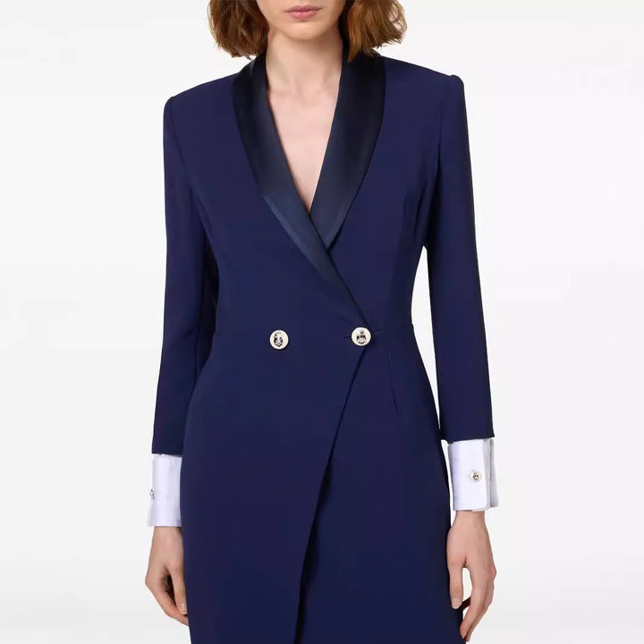 Women's Slim Smoking Blazer Dress in Maxi Length with Satin Lapels and Wrap Look Mune Fashion