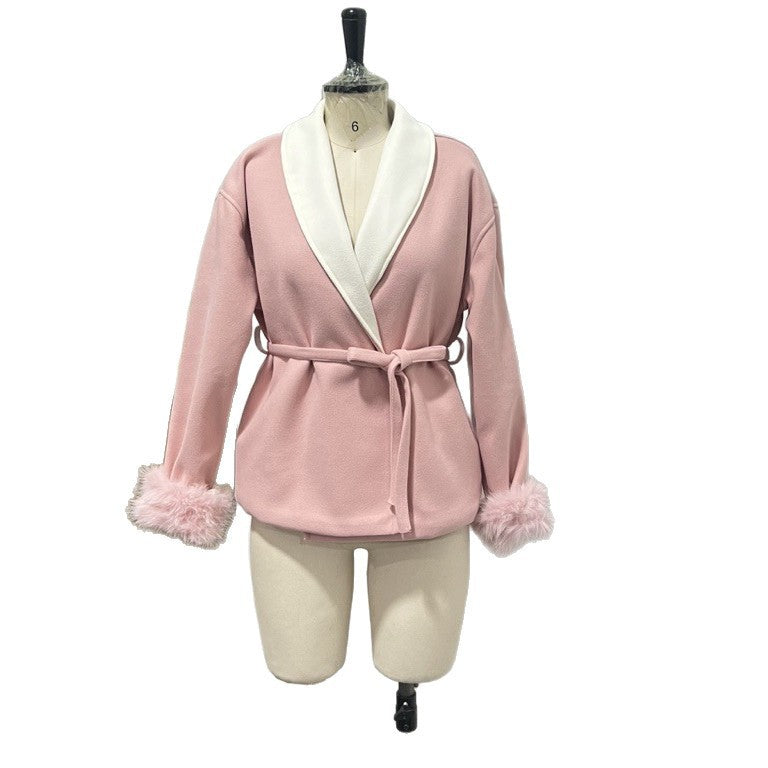 Women's short coat with wide shawl collar, belt and fur cuffs Mune Fashion