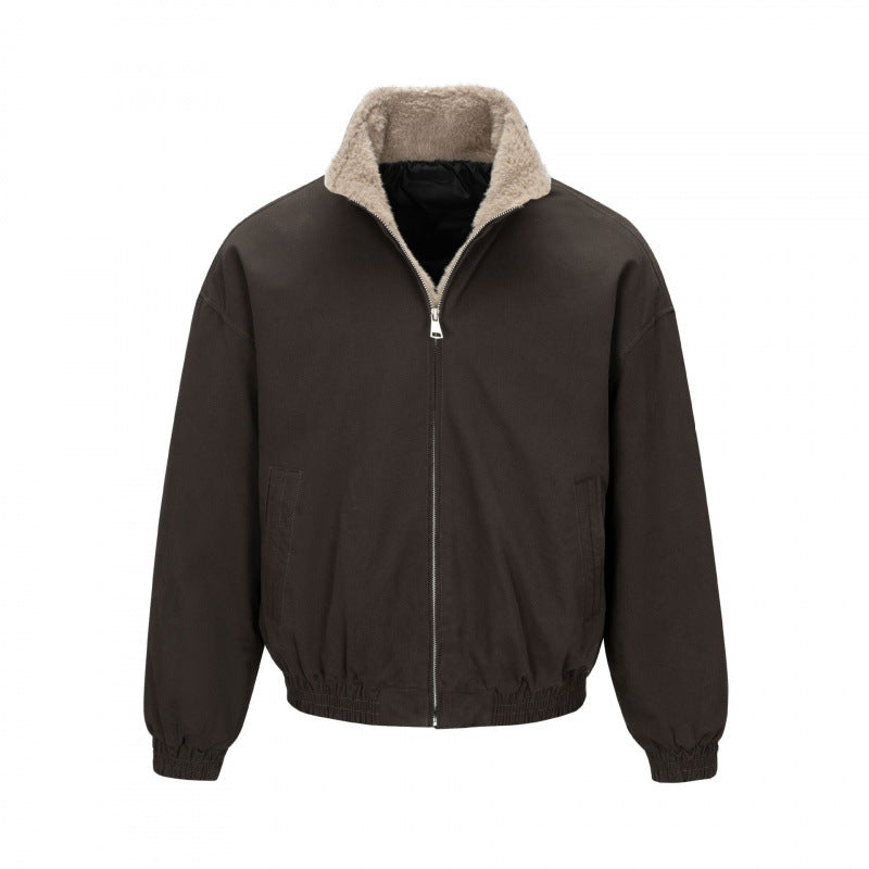 Men's Boxy Bomber Jacket with Teddy Lining and High Stand Collar Mune Fashion