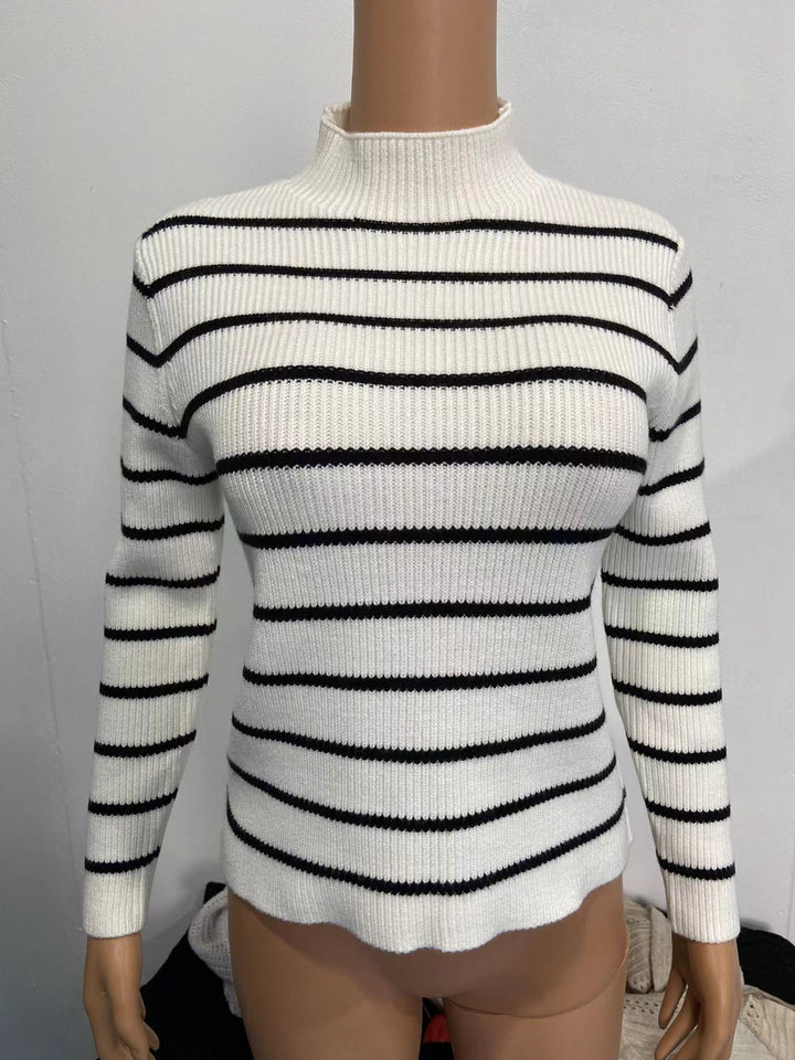 Women's fine knit sweater with short stand-up collar, ribbed texture, and maritime stripes Mune Fashion