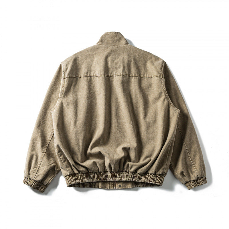 Men's Boxy Canvas Blouson Jacket with Cord Trim, Stand-Up Collar and Elastic Hem Mune Fashion