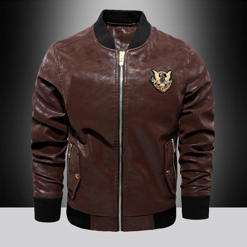 Men's Faux Leather Bomber Jacket in Aviator Style with Emblem Application Mune Fashion