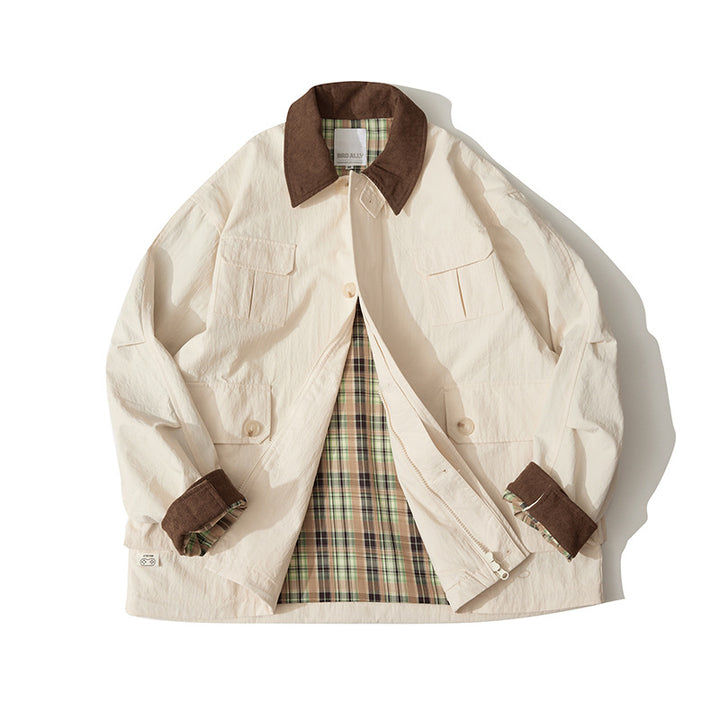Men's transitional canvas jacket with corduroy collar and checked lining Mune Fashion