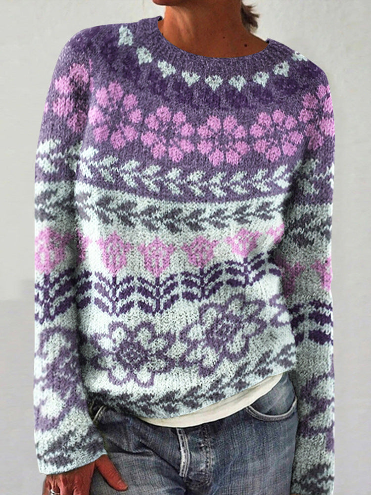 Women's gray marled round neck sweater with circular jacquard yoke and ribbed hem Mune Fashion