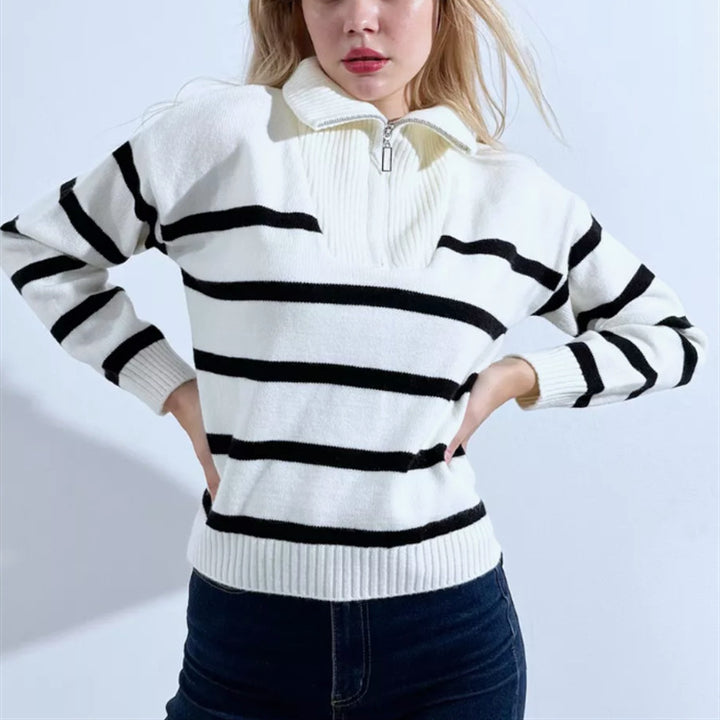 Women Striped Knit Sweater with Short Zipper and Polo Collar Mune Fashion