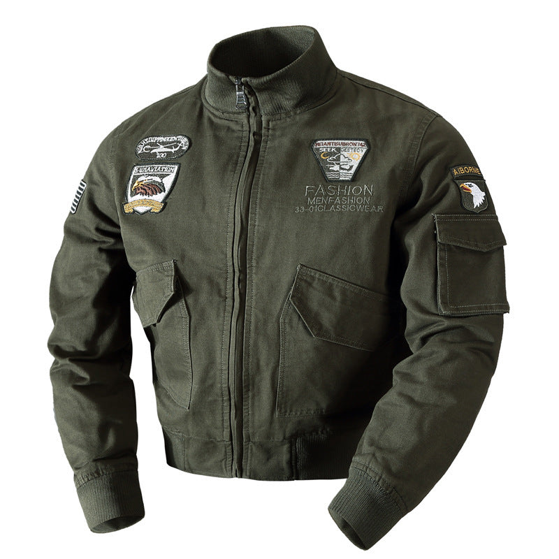 Men's Canvas Pilot Blouson in Military Look with Stand-Up Collar, Utility Pockets, and Patch Applications Mune Fashion