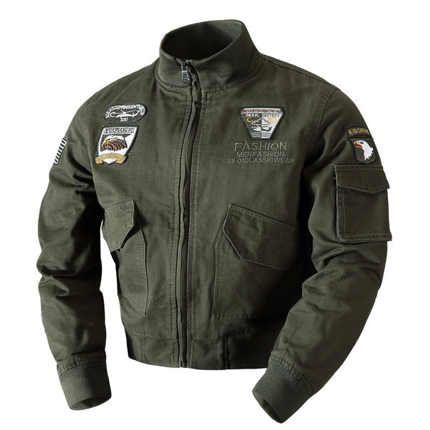 Men's Canvas Pilot Blouson in Military Look with Stand-Up Collar, Utility Pockets, and Patch Applications Mune Fashion