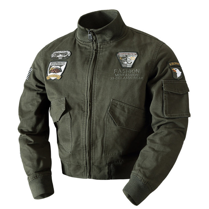 Men's Canvas Pilot Blouson in Military Look with Stand-Up Collar, Utility Pockets, and Patch Applications Mune Fashion