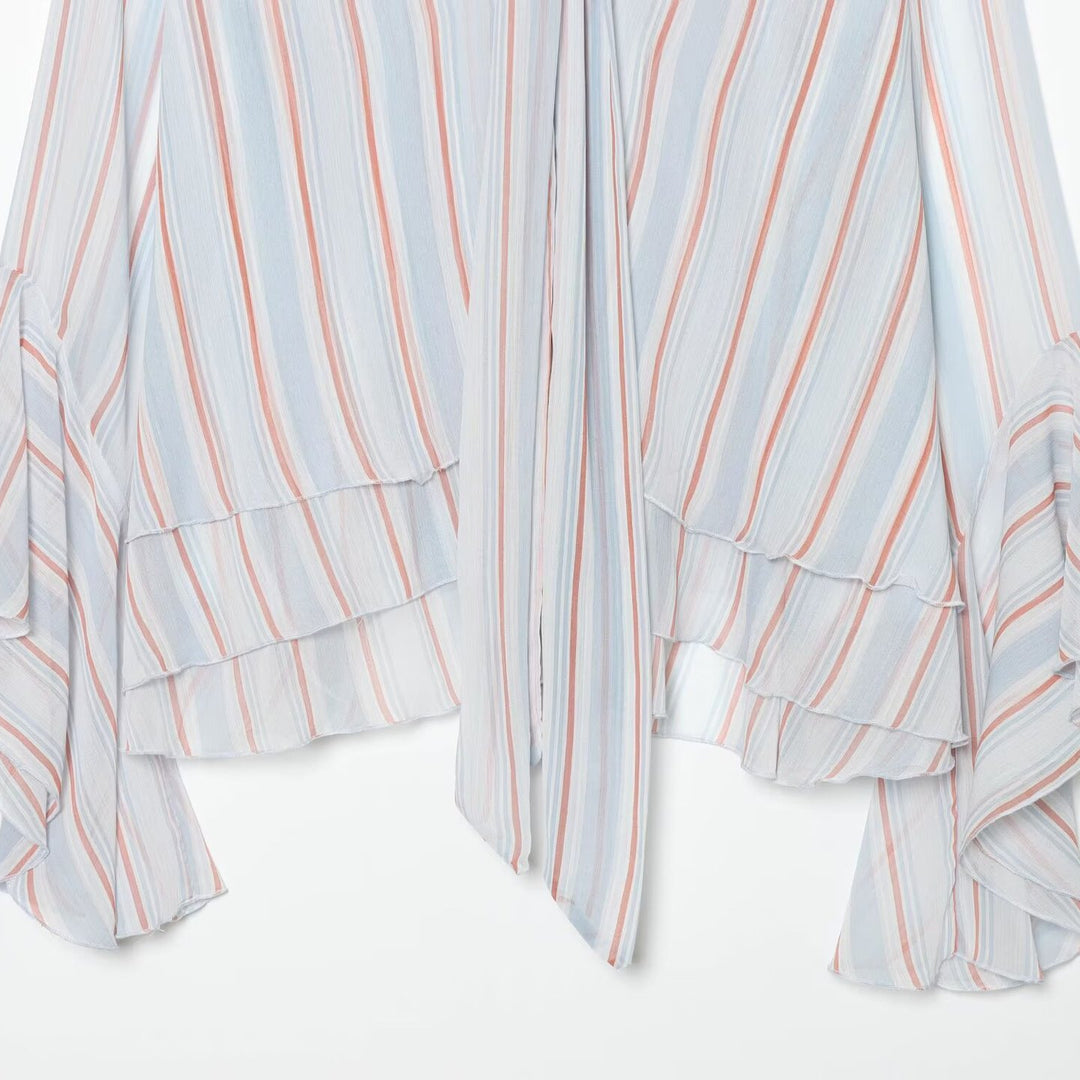 Women Striped Pullover Blouse with Tie and Ruffle Sleeves Mune Fashion