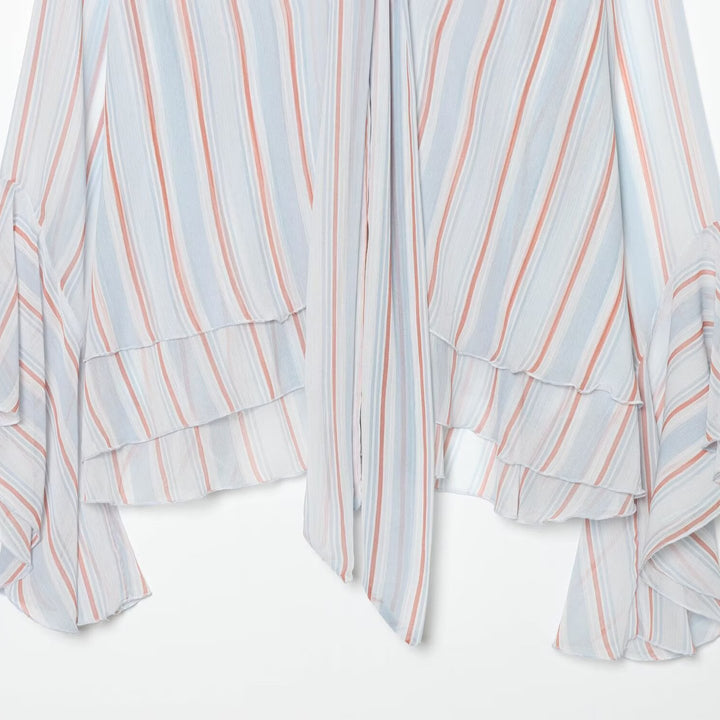 Women Striped Pullover Blouse with Tie and Ruffle Sleeves Mune Fashion