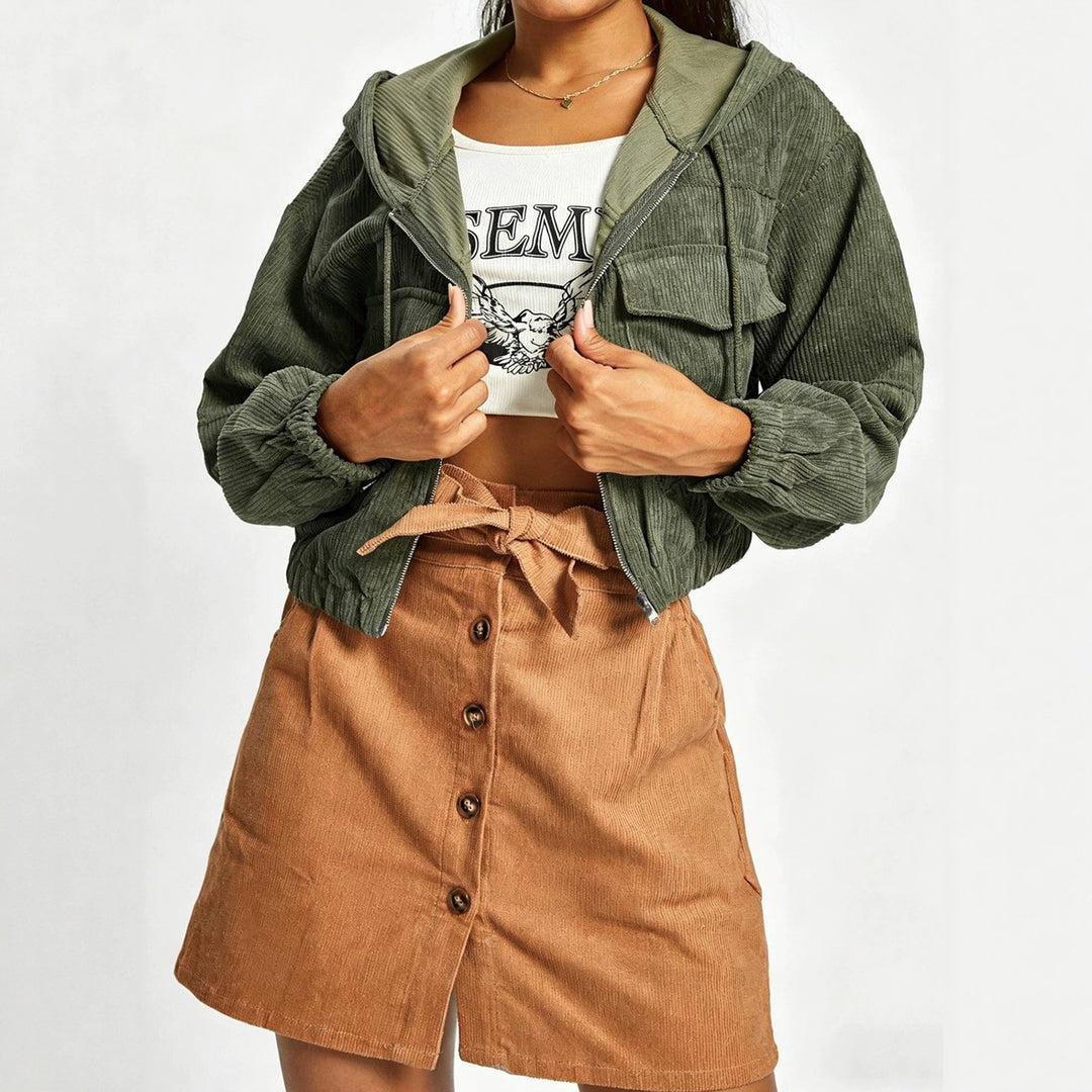 Women's short cord jacket with hood, zipper and applied breast pockets Drune
