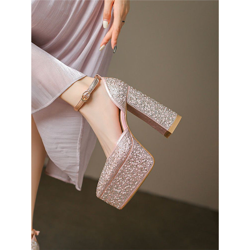 Women’s Platform Block-Heel Sandals with Square Toe Box and Rhinestone Trim Mune Fashion