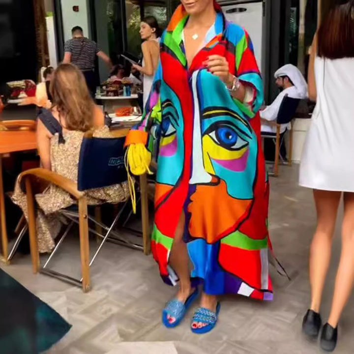 Women's oversized shirt kaftan with abstract portrait print and shirt collar Mune Fashion