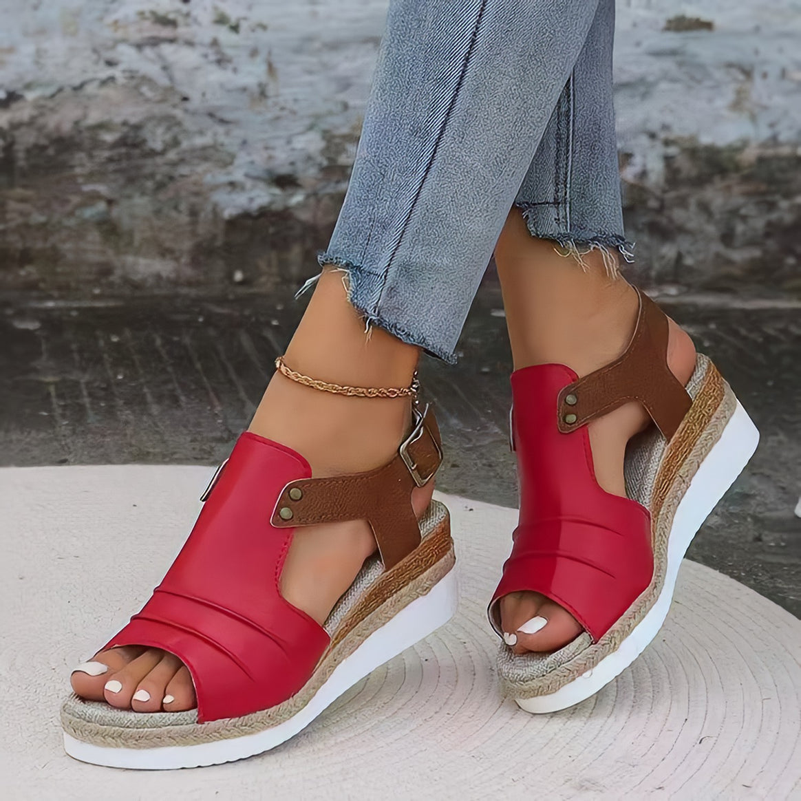 Women's wedge sandals with jute-wrapped espadrille platform, adjustable heel strap, and padded comfort footbed Mune Fashion