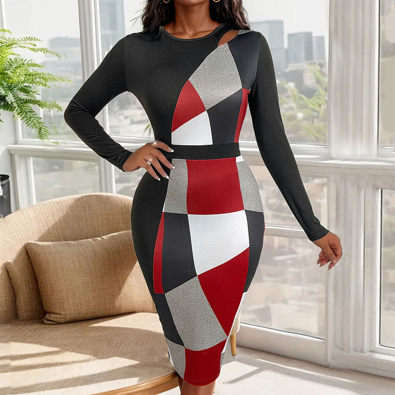 Women's Figure-Hugging Midi Dress with Graphic Color Block Pattern, Cut-Out Shoulder and Tailored Silhouette Mune Fashion