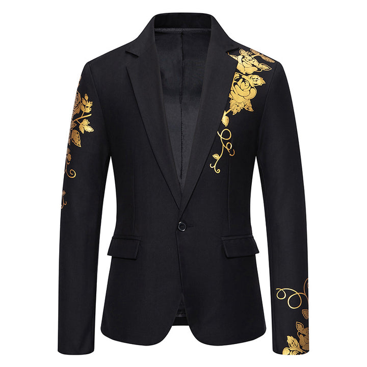 Men's single-breasted jacket with narrow lapels and golden rose print Mune Fashion