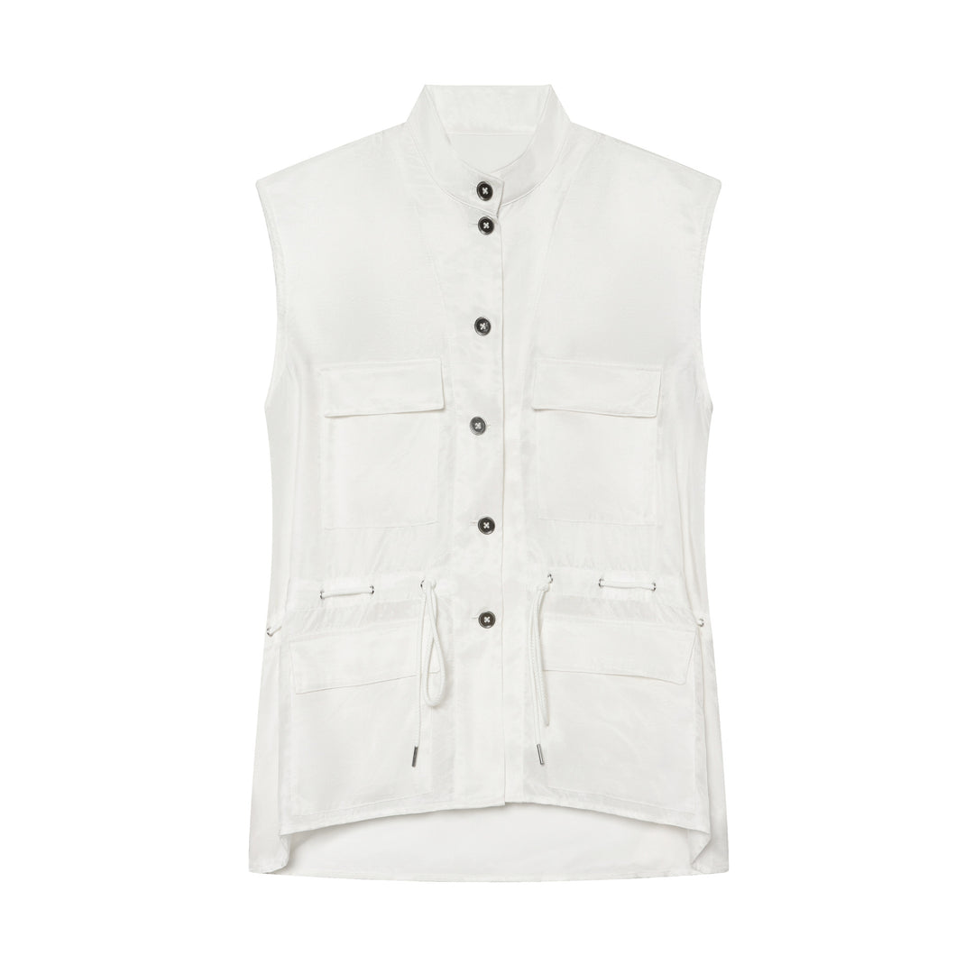 Women's utility vest with stand-up collar, button placket, drawstring, and patch pockets Mune Fashion