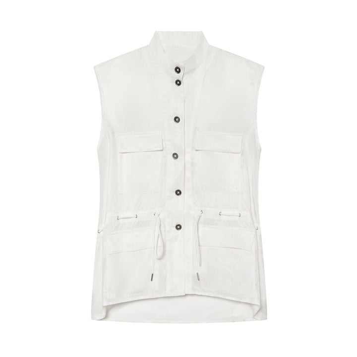Women's utility vest with stand-up collar, button placket, drawstring, and patch pockets Mune Fashion