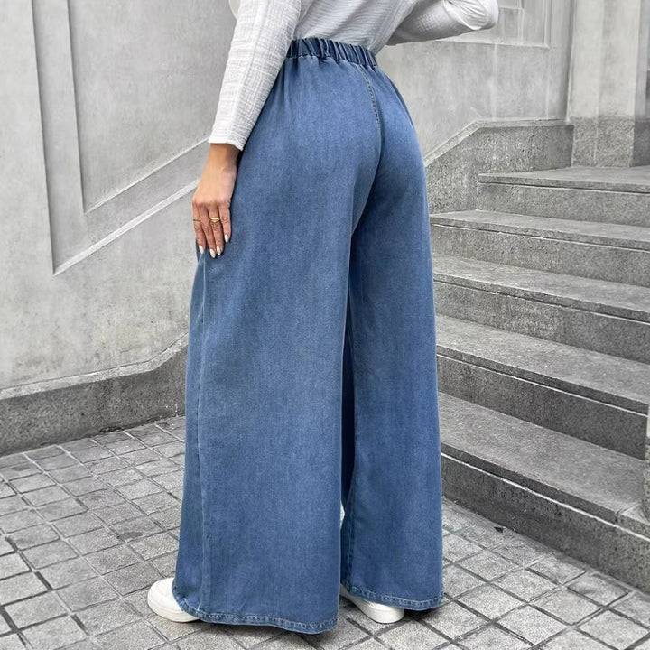 Women's Relaxed Palazzo Jeans with Drawstring Waist, Side Pockets and Extra Wide Leg Mune Fashion