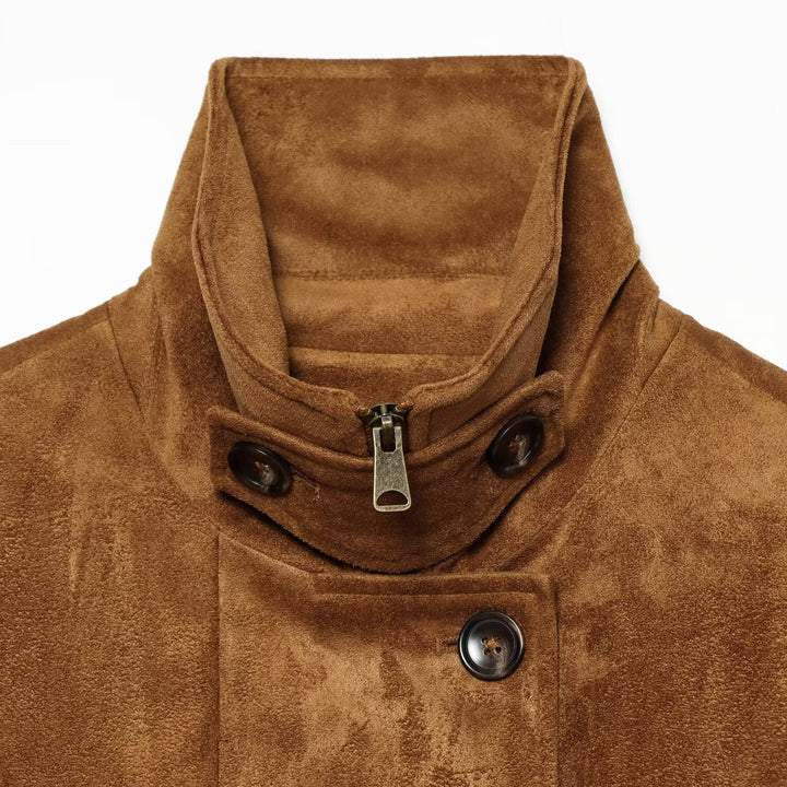 Women's short blouse jacket made of velour suede with button placket, concealed zipper, and elastic hem Mune Fashion