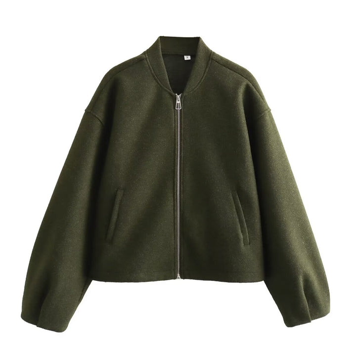 Women's Short Boxy Wool Blend Bomber Jacket with Zipper, Concealed Stand-Up Collar and Drawstring Hem Mune Fashion