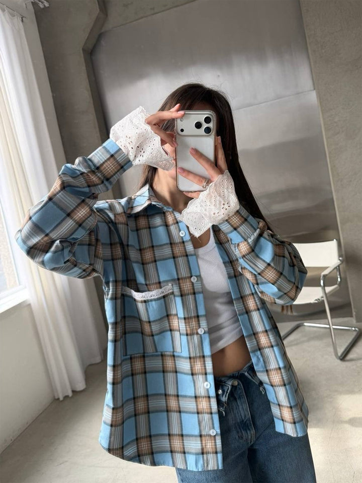 Women’s Oversize Checked Flannel Shirt with Lace Cuffs and Decorative Piping Mune Fashion