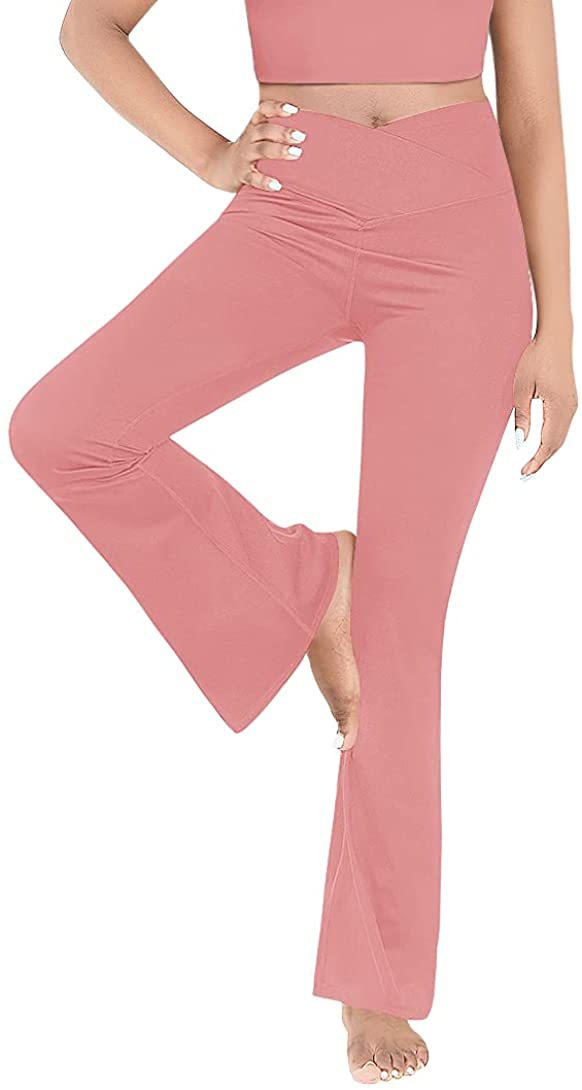 Women's mid-rise yoga pants with crossover waistband and flared hem with slit Mune Fashion