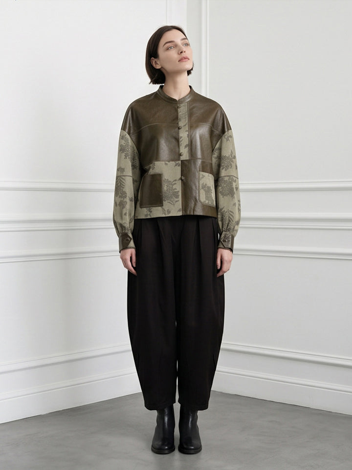 Women's short jacket in leather look and jacquard with stand-up collar Mune Fashion