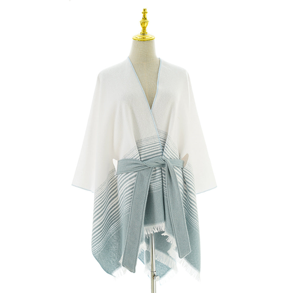 Ladies wrap poncho made of fine knit with tie belt and fringed hem Mune Fashion