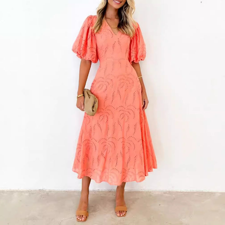 Women’s tailored mid-length dress with embroidery eyelet and voluminous balloon sleeves Mune Fashion