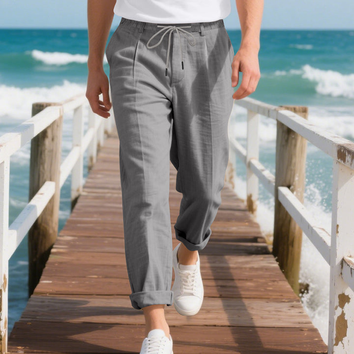 Men's relaxed-fit linen blend chino jogger with elastic drawstring waistband, casual crease and roll-up hem Mune Fashion