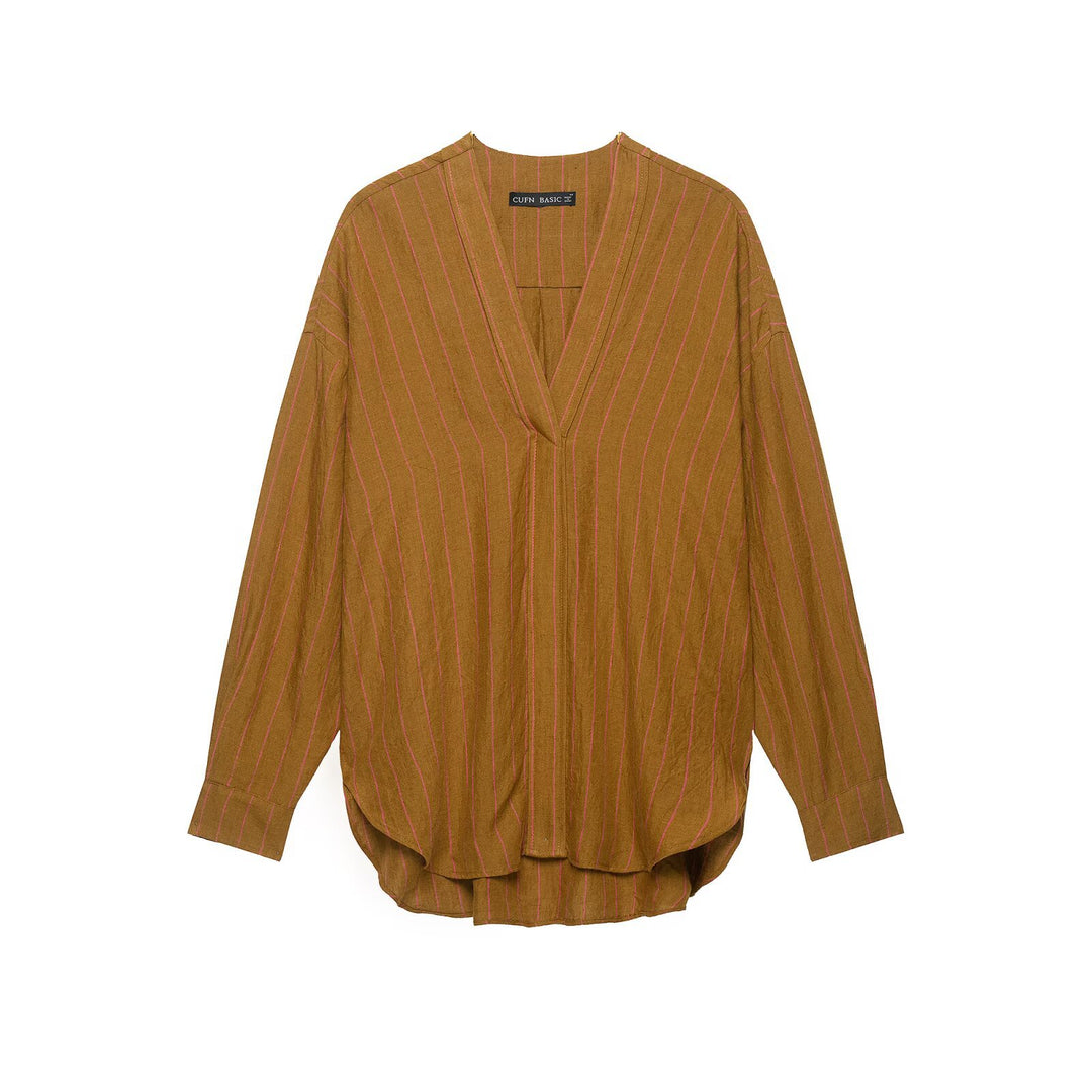 Women's Oversize Striped Blouse with Deep V-Neck and Rounded Hem Drune