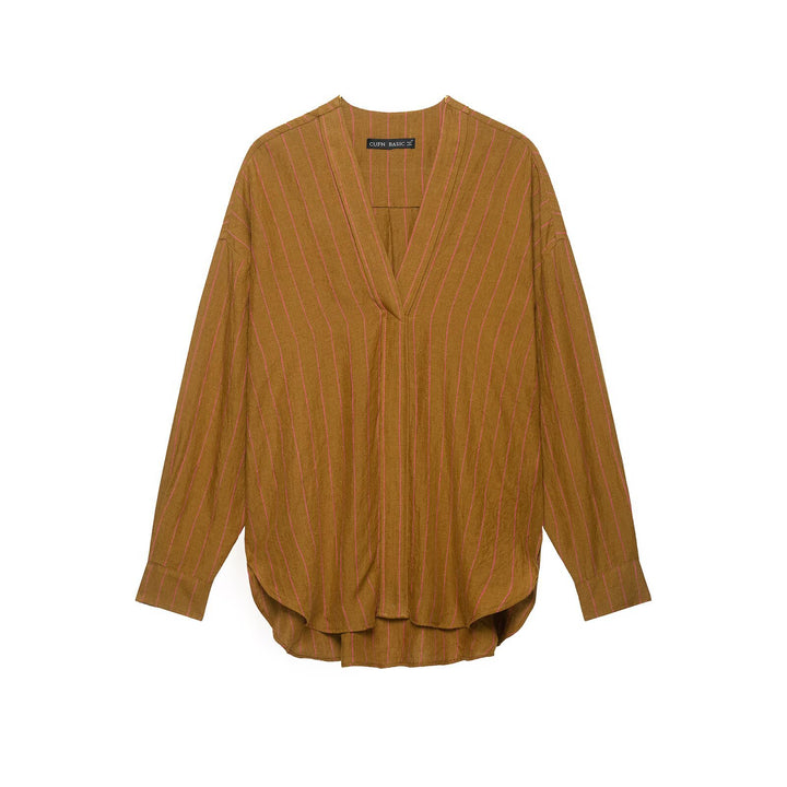 Women's Oversize Striped Blouse with Deep V-Neck and Rounded Hem Drune