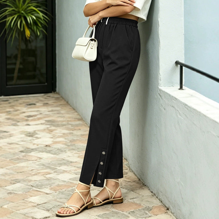 Women Lightweight Relaxed Pants with Elastic Waistband, Side Pockets and Button Detail Mune Fashion