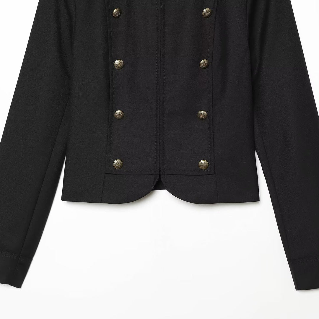 Women's Tailored Short Jacket in Military Style with Stand-Up Collar and Decorative Buttons Mune Fashion