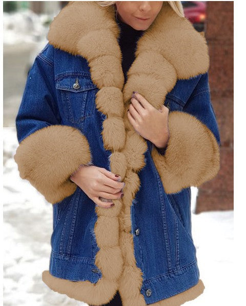 Women Oversized Denim Jacket with Voluminous Faux Fur Collar and Cuffs Mune Fashion