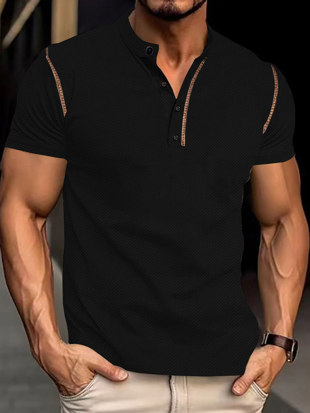 Men's tapered structured polo shirt with stand-up collar and decorative piping Mune Fashion