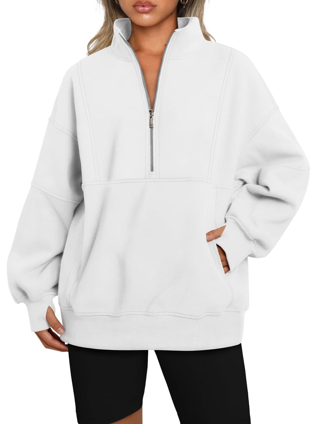 Women's Oversized Sweatshirt with Half Zipper, Stand-Up Collar and Kangaroo Pocket Mune Fashion