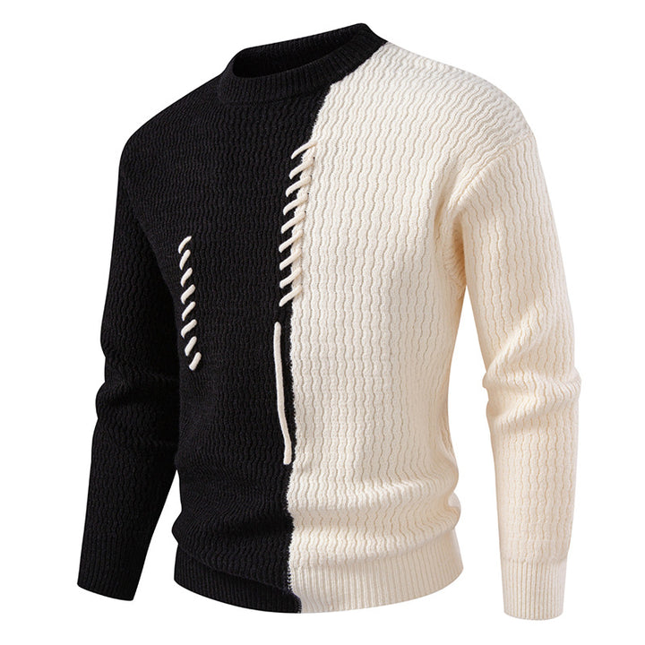 Men's two-tone structured knit sweater with decorative band detail and round neck Mune Fashion