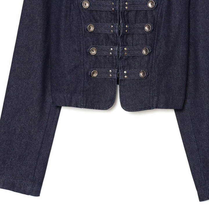 Women Cropped Denim Military Jacket with Stand-Up Collar and Decorative Button Placket Mune Fashion
