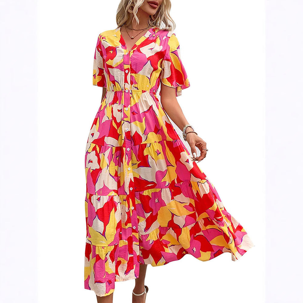 Women Tiered Midi Dress with Continuous Button Placket, Fitted Elastic Waistband and Ruffle Sleeves Mune Fashion