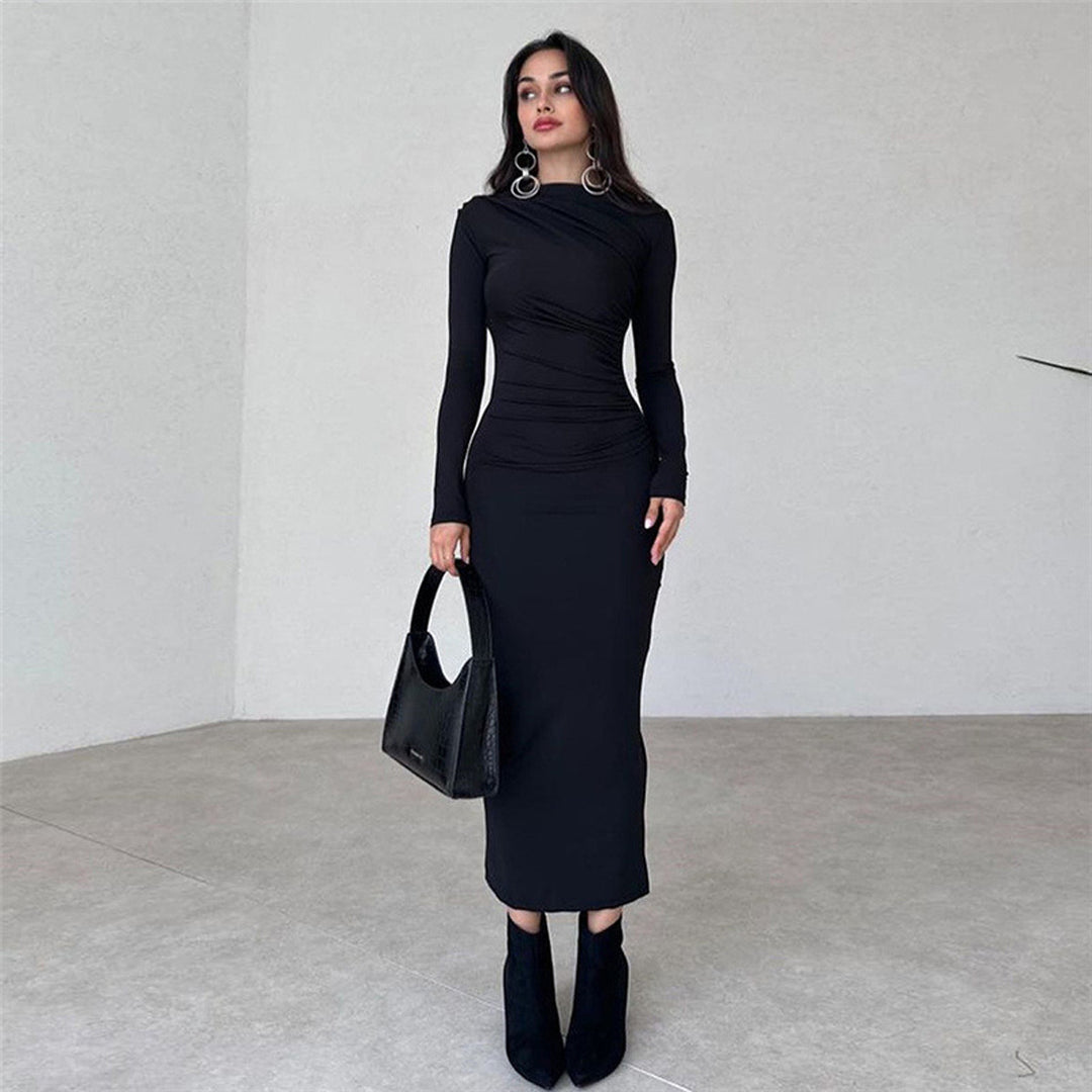 Ladies fitted maxi dress with high collar and side gathering Mune Fashion